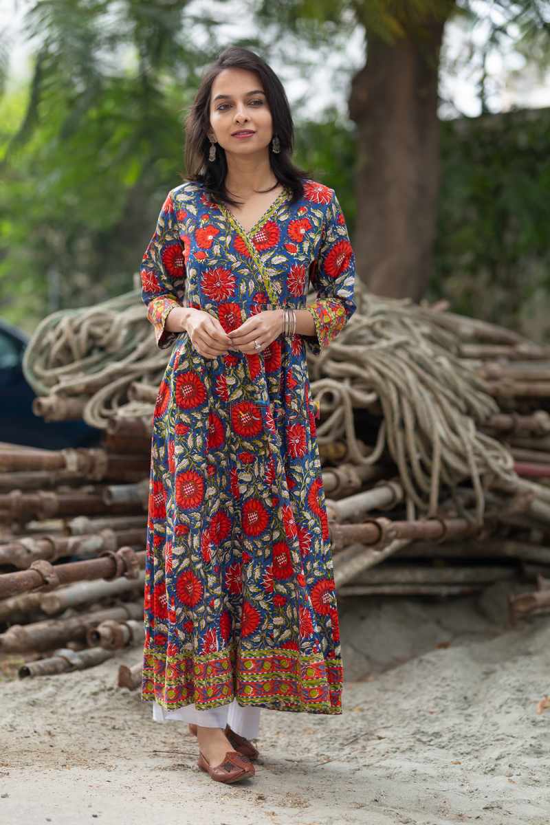 Image for Kusvaa Wsr80 Mariner Blue And Red A Line Kurta Front