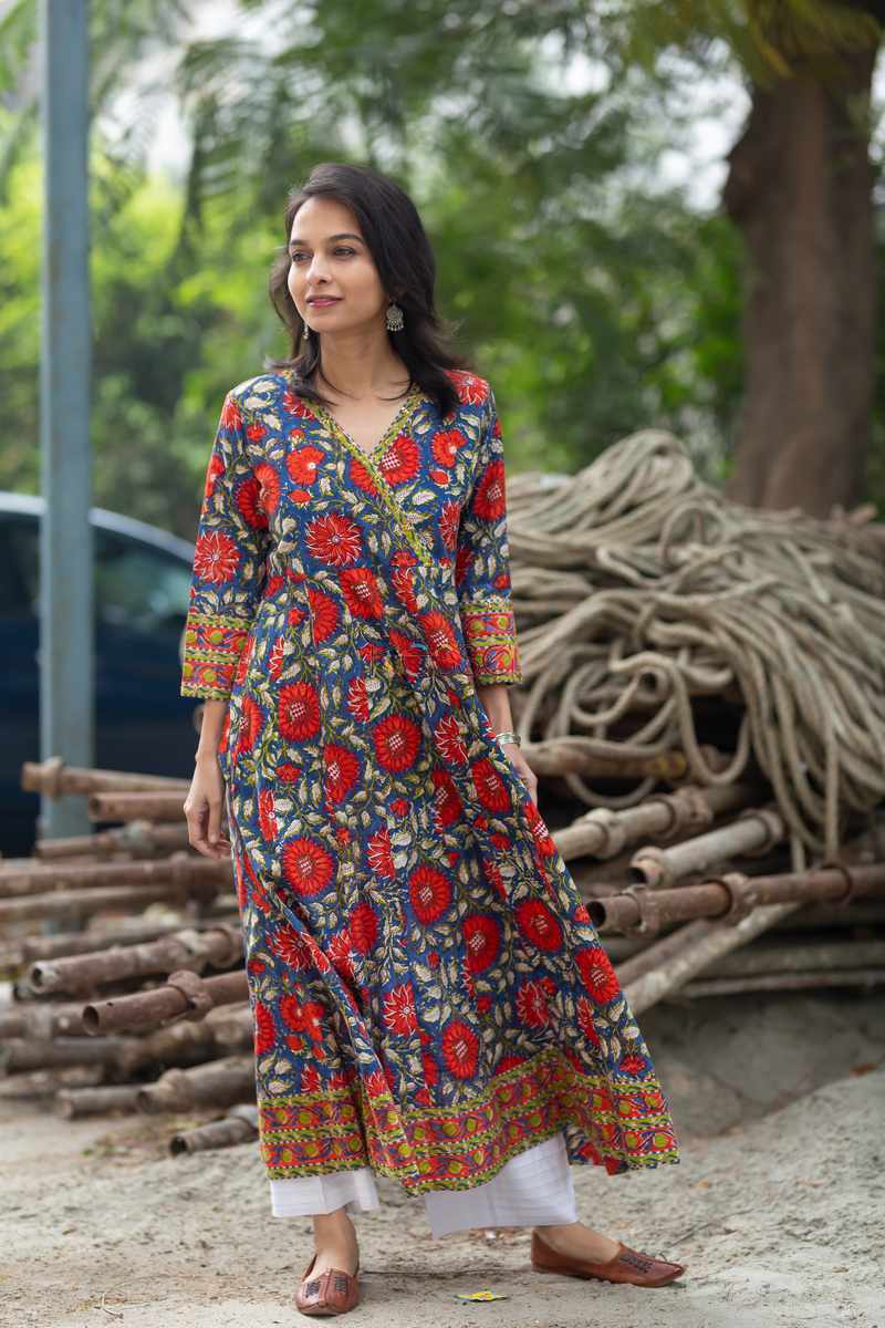 Image for Kusvaa Wsr80 Mariner Blue And Red A Line Kurta Side