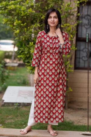 Image for Kusvaa Wsr81 Maroon Handblock Print Straight Fit Kurta Featured