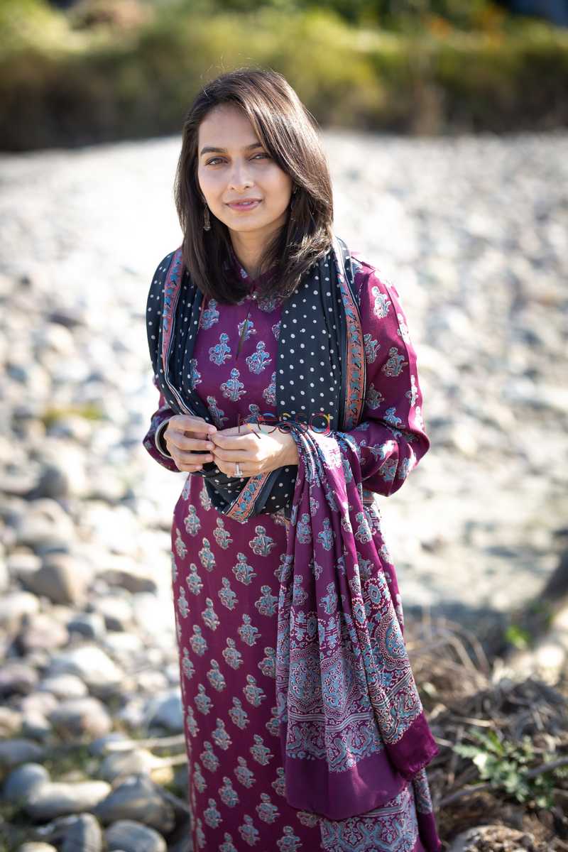 Image for Kusvaa Kuoj105 Camelot Purple Modal Silk Ajrakh Print Kurta Dupatta Set Closeup 2