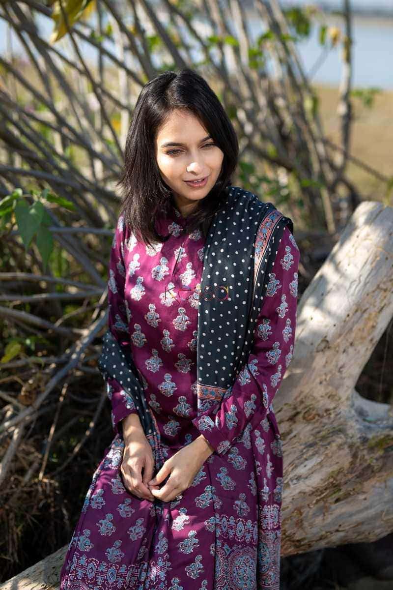 Image for Kusvaa Kuoj105 Camelot Purple Modal Silk Ajrakh Print Kurta Dupatta Set Closeup 3