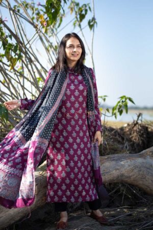 Image for Kusvaa Kuoj105 Camelot Purple Modal Silk Ajrakh Print Kurta Dupatta Set Featured