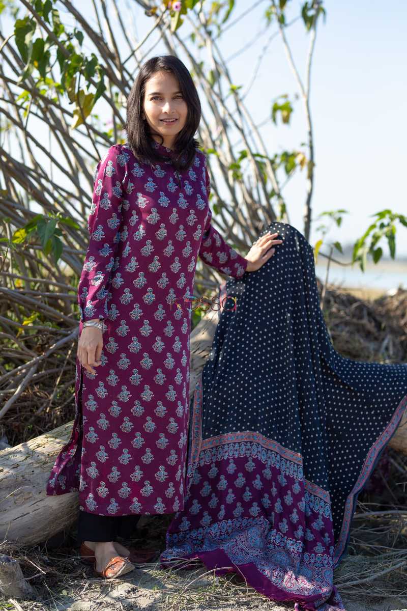 Image for Kusvaa Kuoj105 Camelot Purple Modal Silk Ajrakh Print Kurta Dupatta Set Side