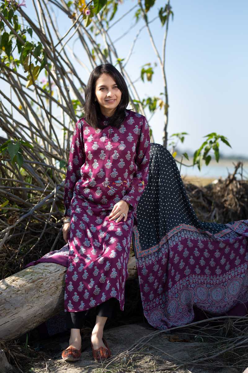 Image for Kusvaa Kuoj105 Camelot Purple Modal Silk Ajrakh Print Kurta Dupatta Set Sitting