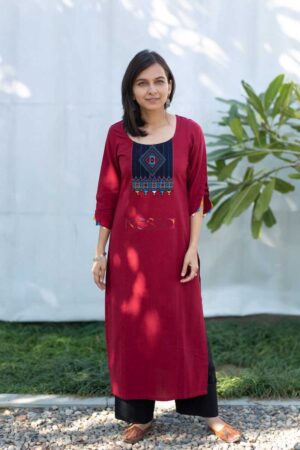 Image for Kusvaa Ws508 Merlot South Cotton Kurta With Hand Embroidery Patch Featured