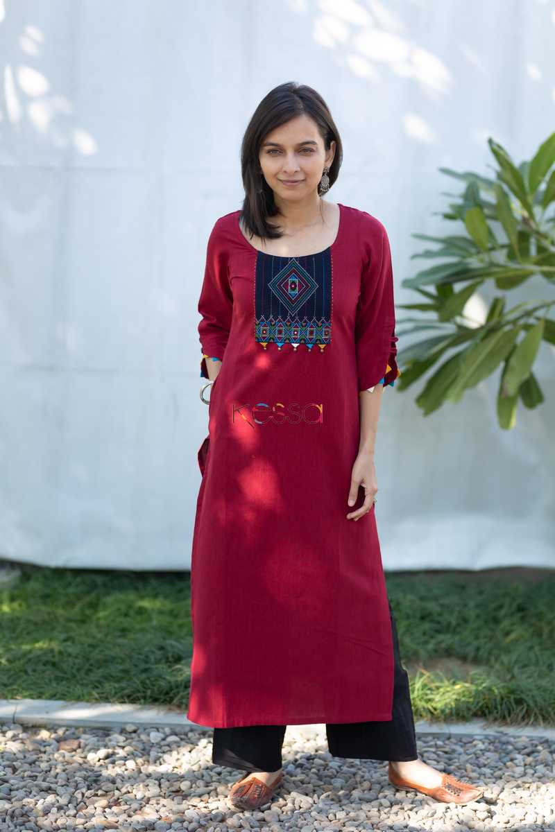 Image for Kusvaa Ws508 Merlot South Cotton Kurta With Hand Embroidery Patch Front
