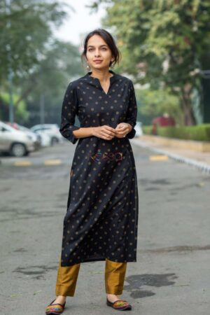 Image for Kusvaa Taf18 Black Gold Print Straight Fit Kurta Featured