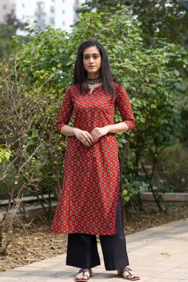 Image for Kusvaa Taf19 Red And Black Ikat Straight Kurta Featured