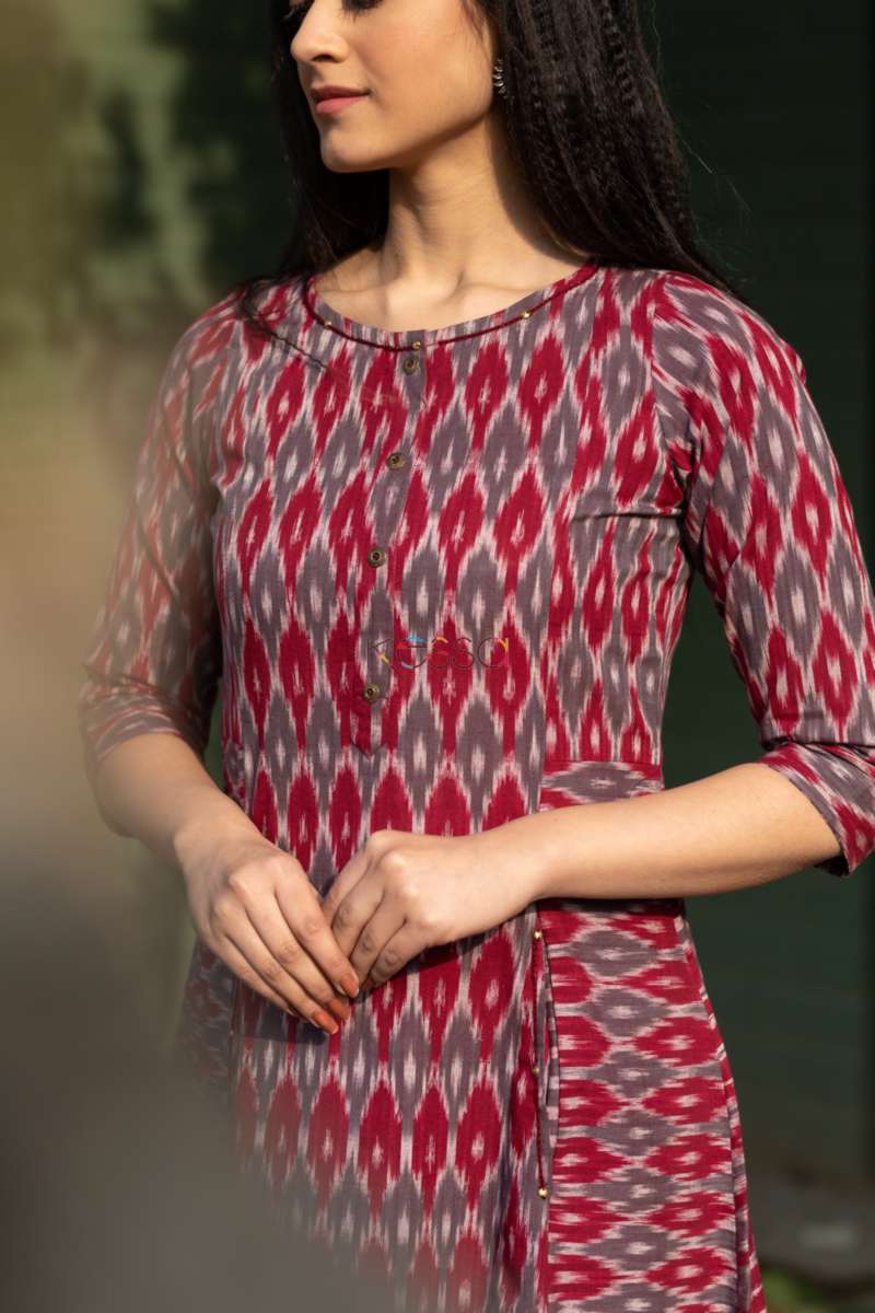 Image for Kusvaa Ws521 Dark Tan And Grey Ikat A Line Kurta Closeup