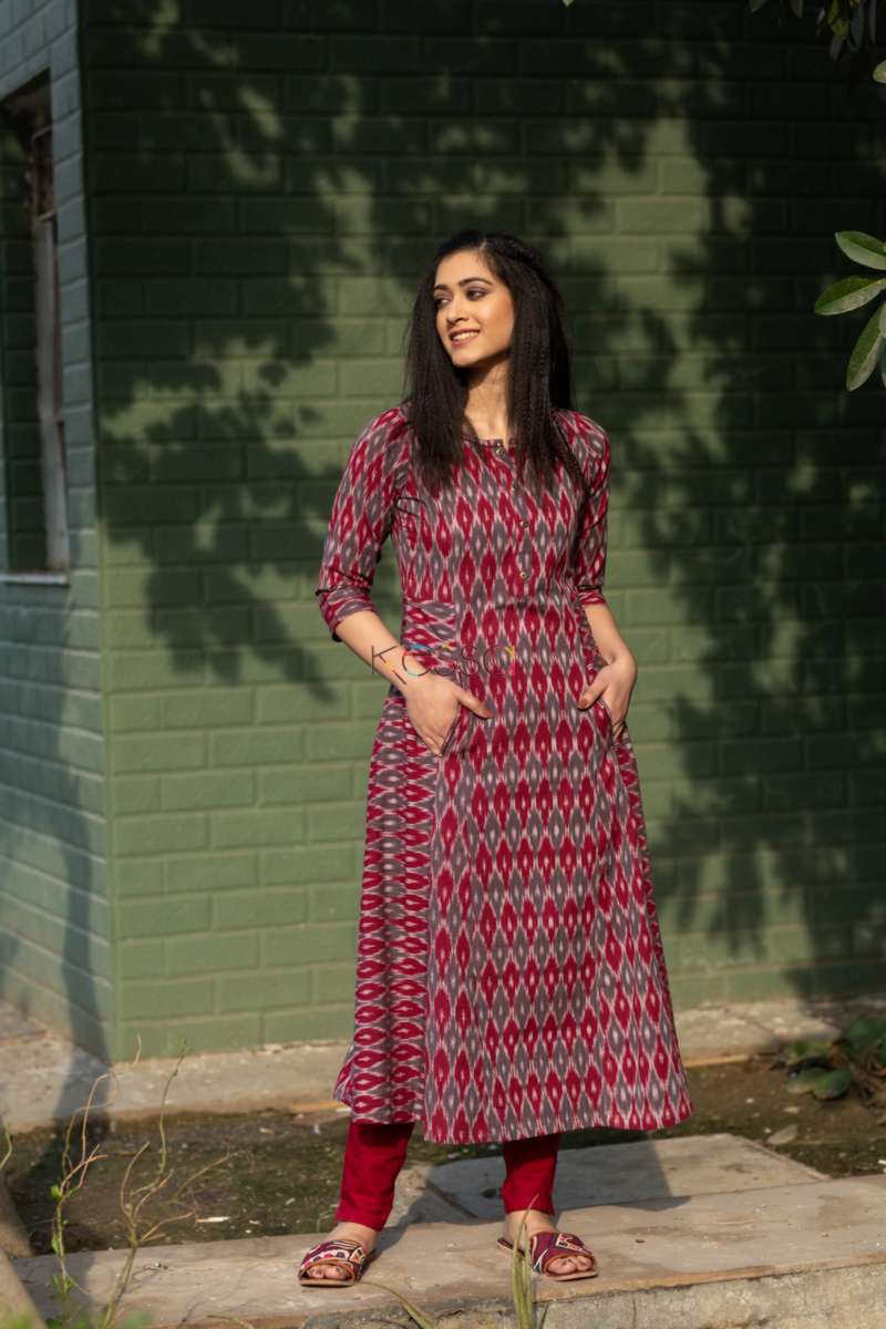 Image for Kusvaa Ws521 Dark Tan And Grey Ikat A Line Kurta Featured
