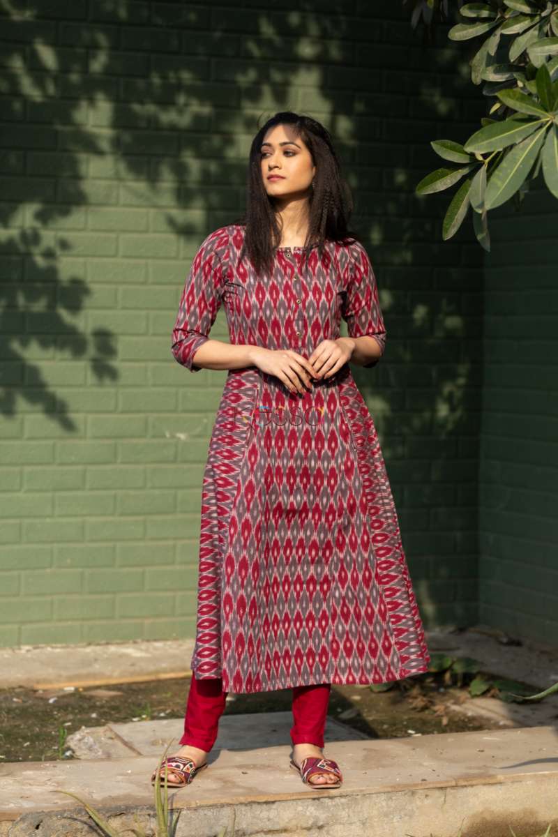 Image for Kusvaa Ws521 Dark Tan And Grey Ikat A Line Kurta Front