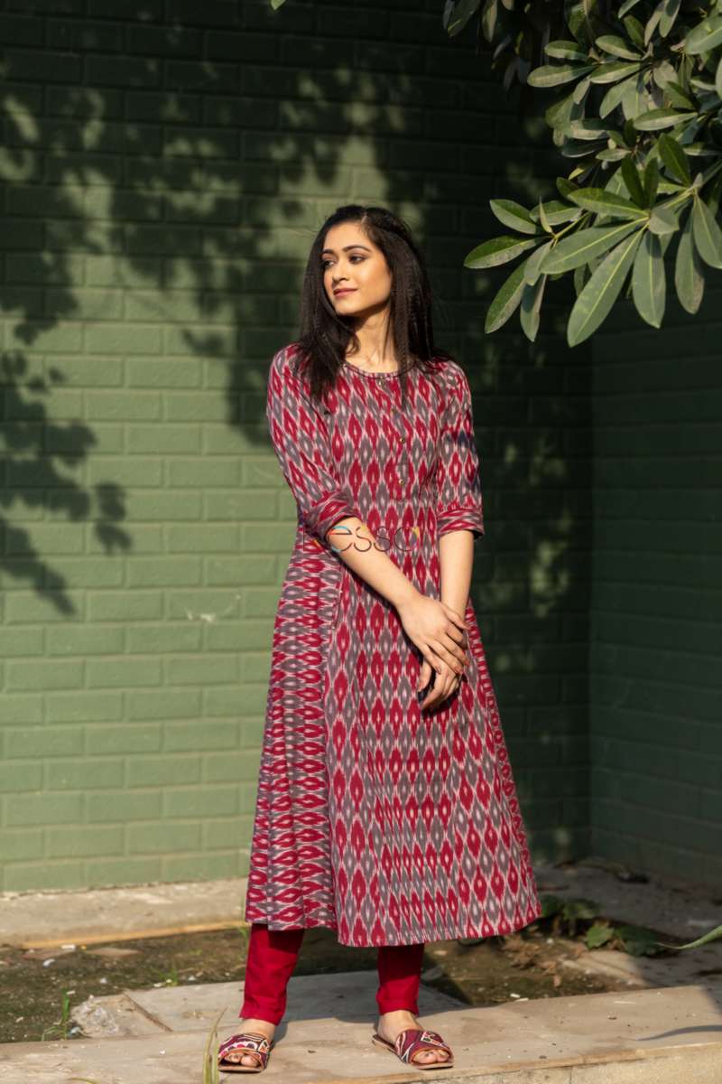 Image for Kusvaa Ws521 Dark Tan And Grey Ikat A Line Kurta Side