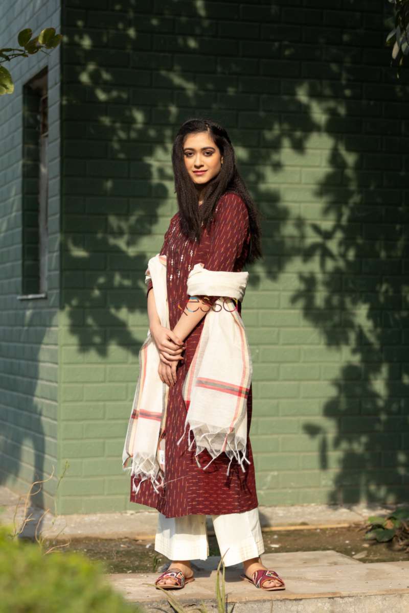 Image for Kusvaa Ws522 Rust Double Ikat A Line Kurta 3