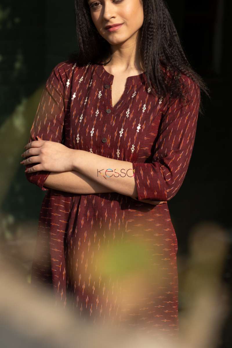 Image for Kusvaa Ws522 Rust Double Ikat A Line Kurta 6