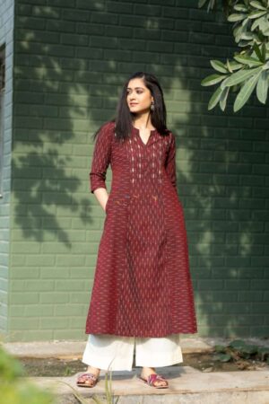 Image for Kusvaa Ws522 Rust Double Ikat A Line Kurta Featured