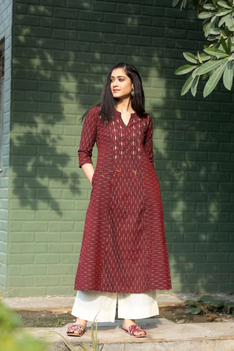 Image for Kusvaa Ws522 Rust Double Ikat A Line Kurta Featured