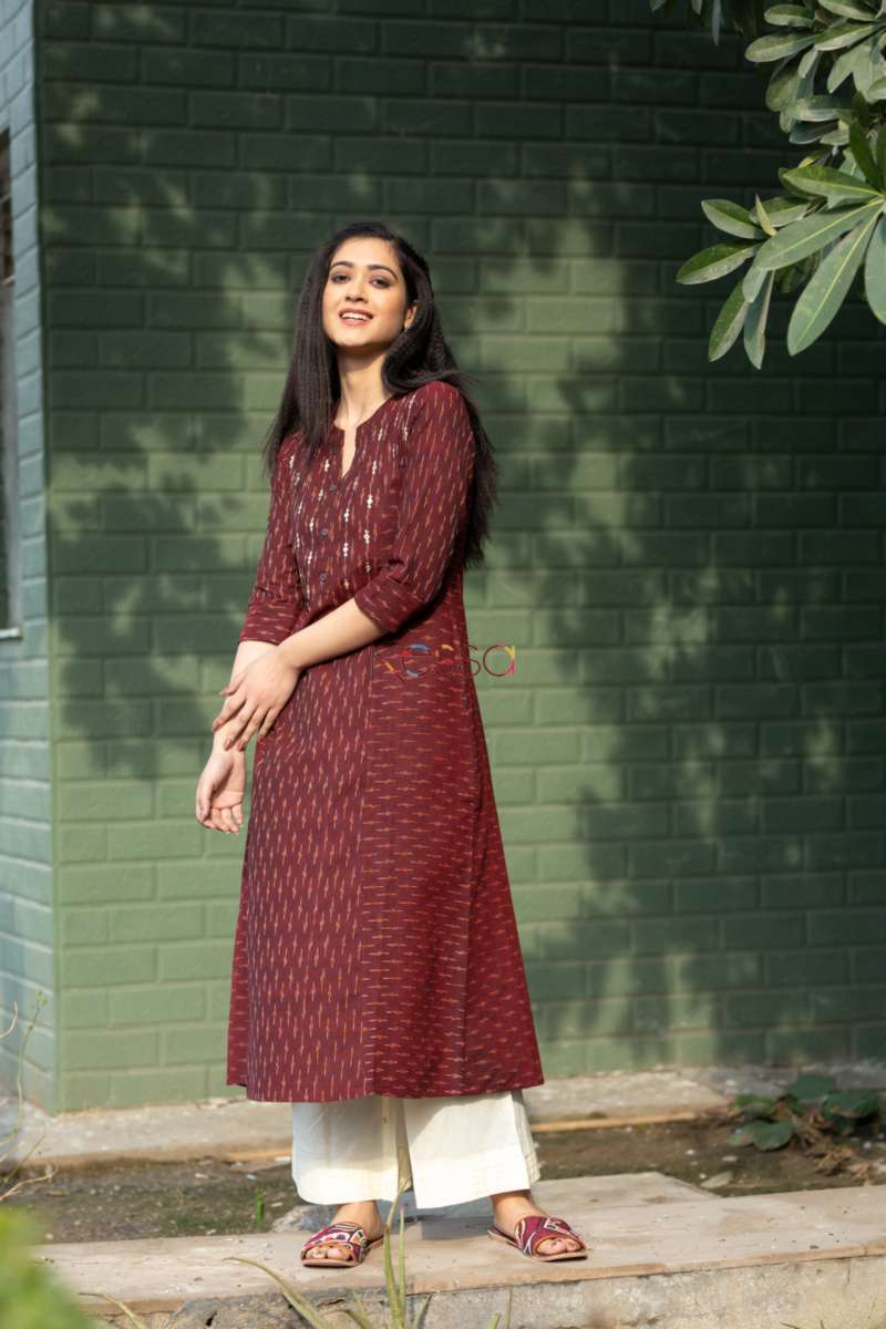 Image for Kusvaa Ws522 Rust Double Ikat A Line Kurta Side