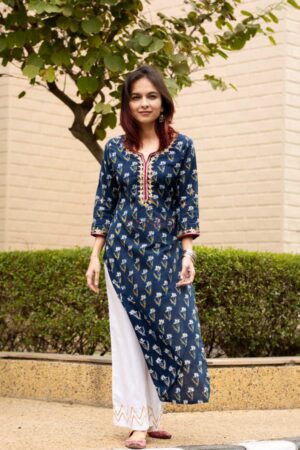 Image for Kusvaa Wsr84 Blue Block Print Gotta Patti Kurta Featured