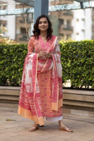 Image for Kusvaa Kuoj112 Peach Pink Kurta Cotton Dupatta Set Featured New 1
