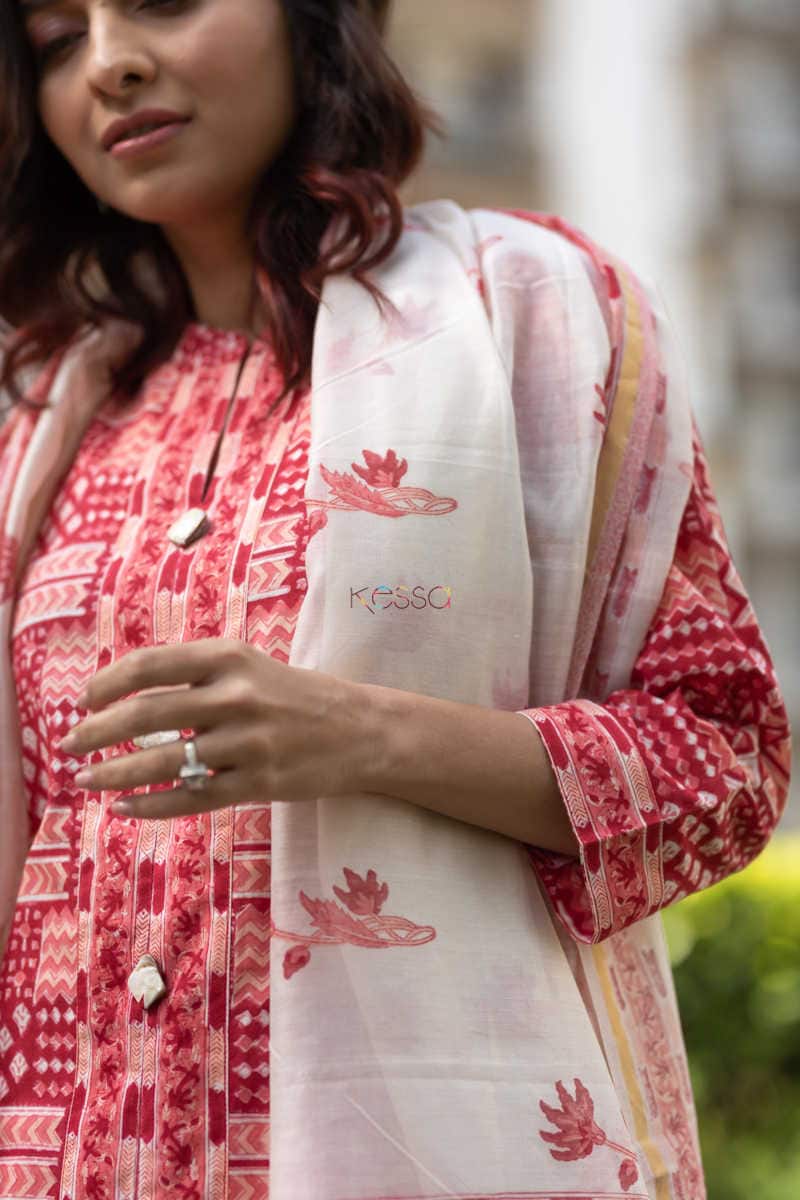 Image for Kusvaa Kuoj115 Shades Of Red Block Printed Kurta Dupatta Set 13