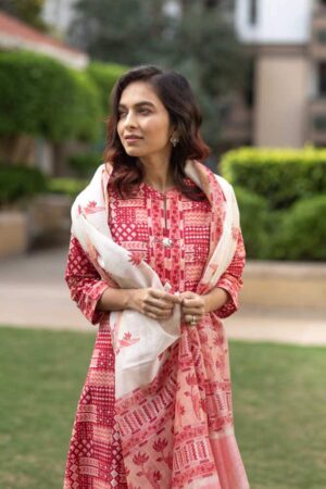 Image for Kusvaa Kuoj115 Shades Of Red Block Printed Kurta Dupatta Set 8