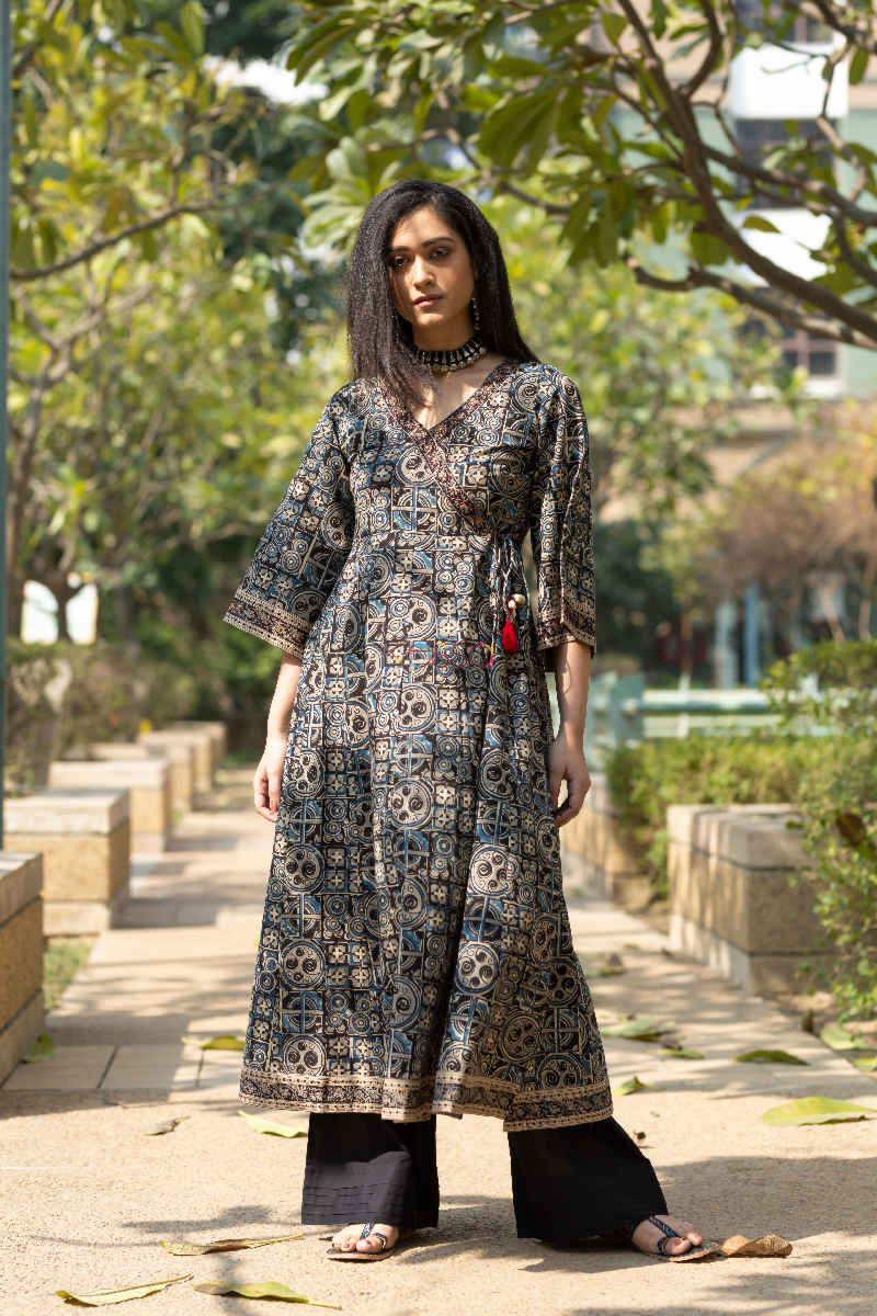 Image for Ws531 Kusvaa Coffee Turquoise Block Print Kurta Featured