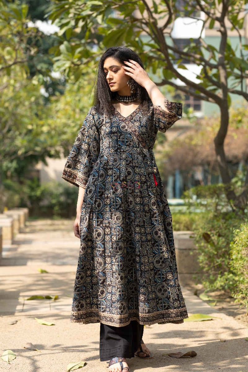 Image for Ws531 Kusvaa Coffee Turquoise Block Print Kurta Front