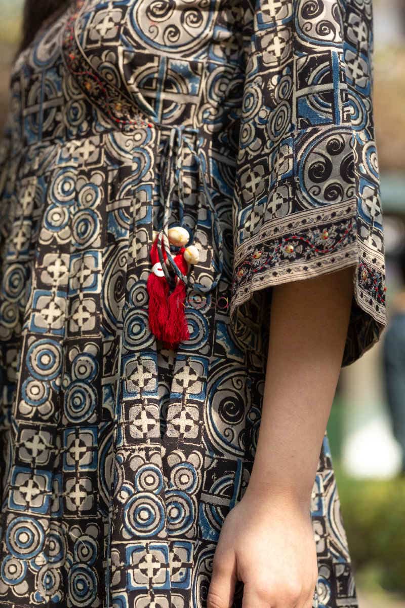 Image for Ws531 Kusvaa Coffee Turquoise Block Print Kurta Tassel