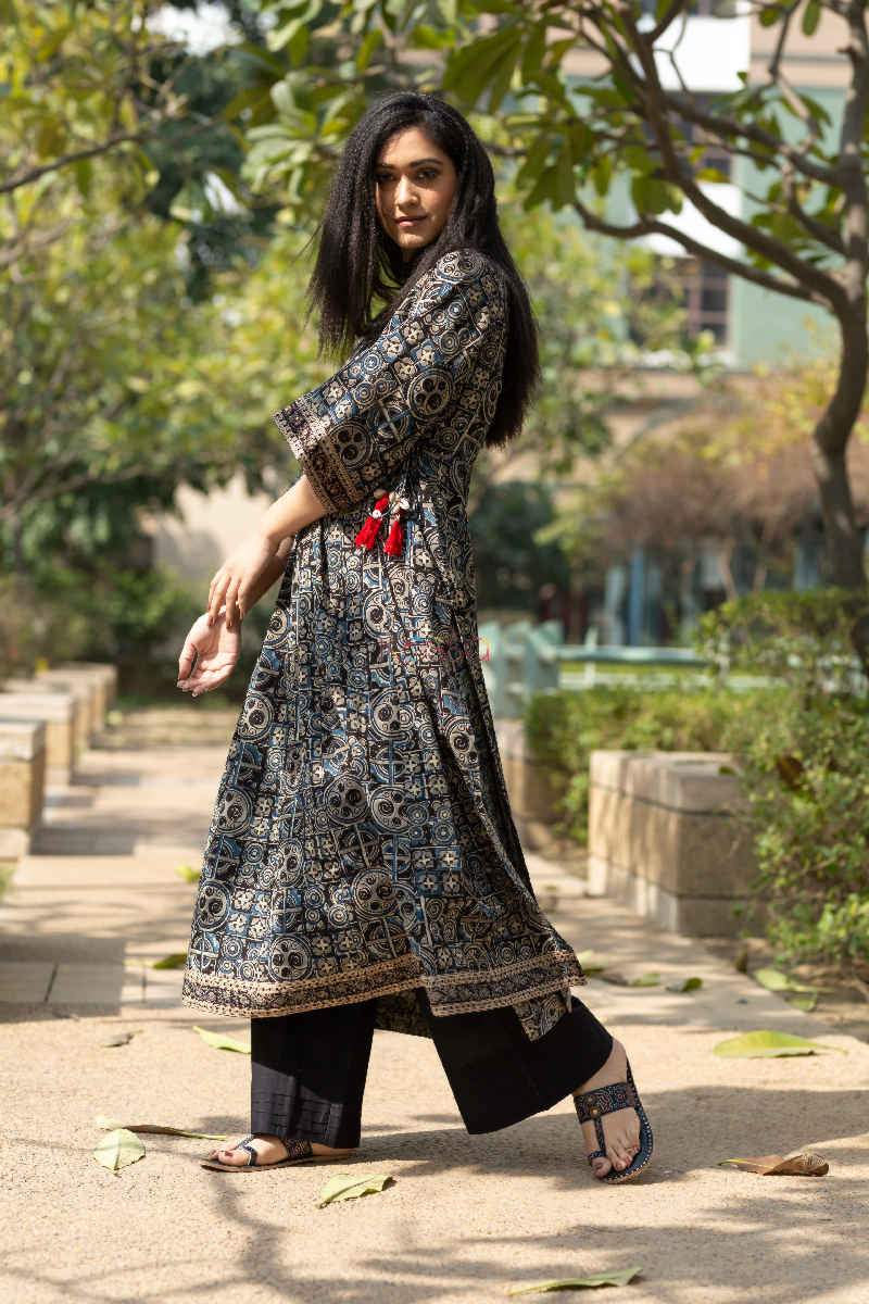 Image for Ws531 Kusvaa Coffee Turquoise Block Print Kurta Twist