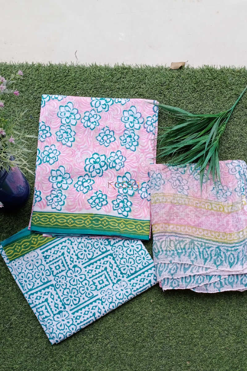 Image for Kusvaa Kf56 Turquoise And Pink Cotton Dupatta Full Set