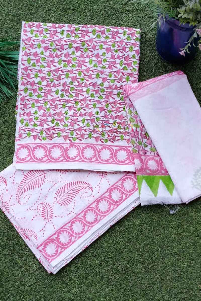 Image for Kusvaa Kf71 Pink And Green Cotton Mull Dupatta Full Set Closeup