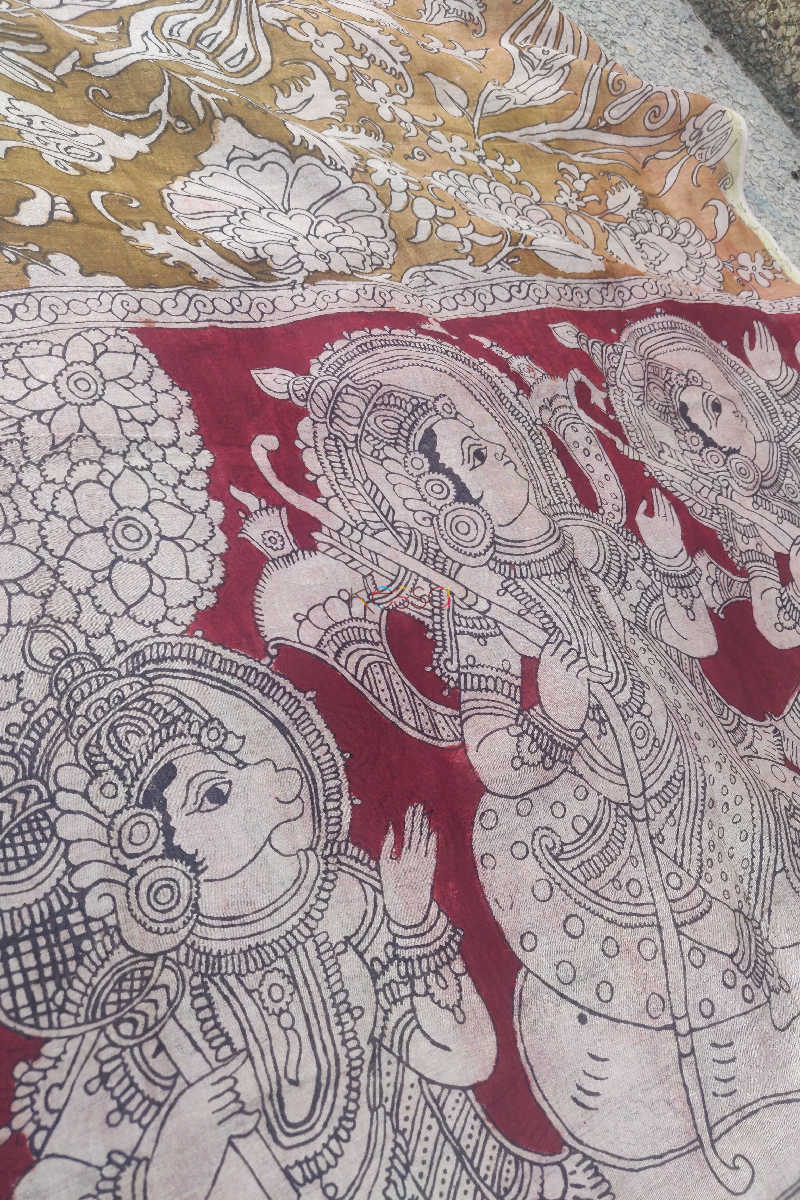 Image for Kusvaa Kkd01red Mustard And Red Kalamkari Chanderi Dupatta 1