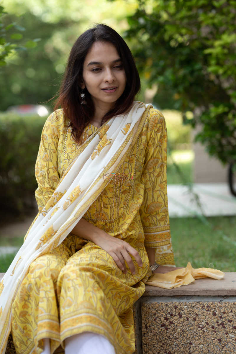 Image for Kusvaa Kuoj117 Celery Jaal Block Print Kurta Dupatta Set 10