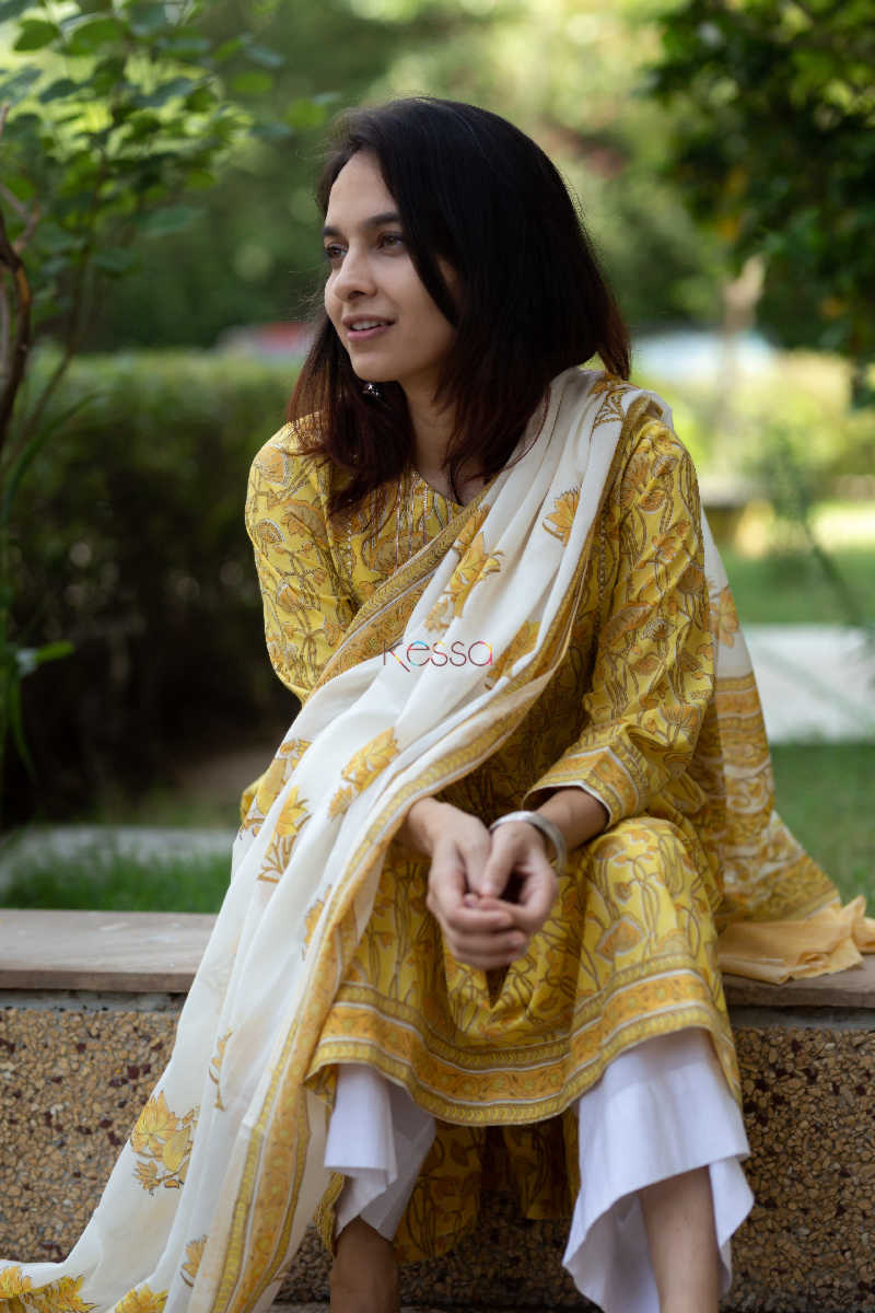 Image for Kusvaa Kuoj117 Celery Jaal Block Print Kurta Dupatta Set 11