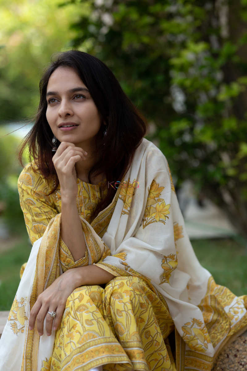 Image for Kusvaa Kuoj117 Celery Jaal Block Print Kurta Dupatta Set 8