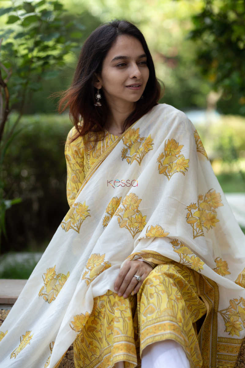 Image for Kusvaa Kuoj117 Celery Jaal Block Print Kurta Dupatta Set 9