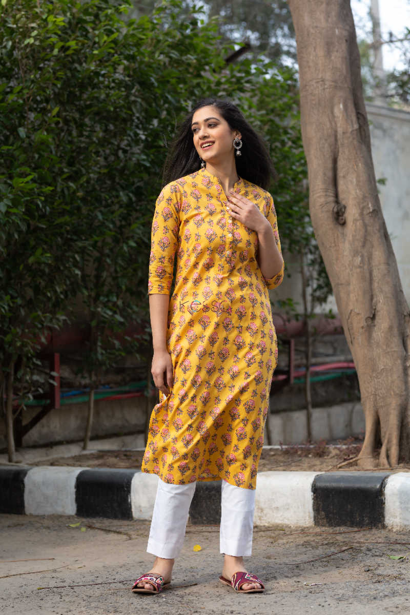 Image for Kusvaa Taf22 Floral Printed Yellow Kurta 1