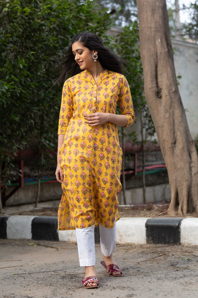 Image for Kusvaa Taf22 Floral Printed Yellow Kurta 2