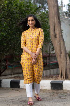 Image for Kusvaa Taf22 Floral Printed Yellow Kurta 3