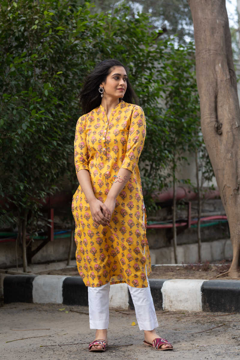 Image for Kusvaa Taf22 Floral Printed Yellow Kurta 4