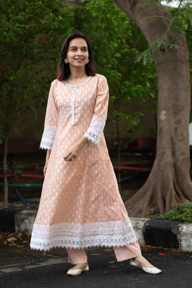 Image for Kusvaa Daf05a Tan Peach And White Kurta Pant Set Featured