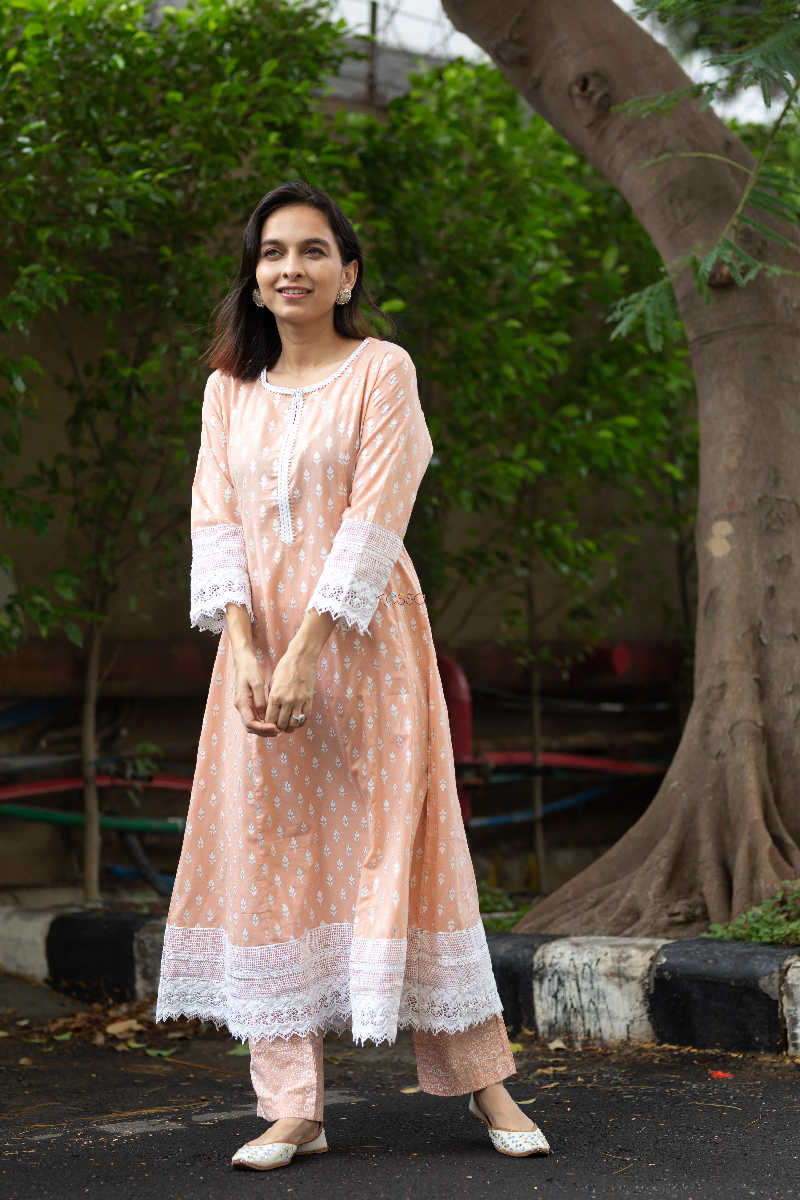 Image for Kusvaa Daf05a Tan Peach And White Kurta Pant Set Folded