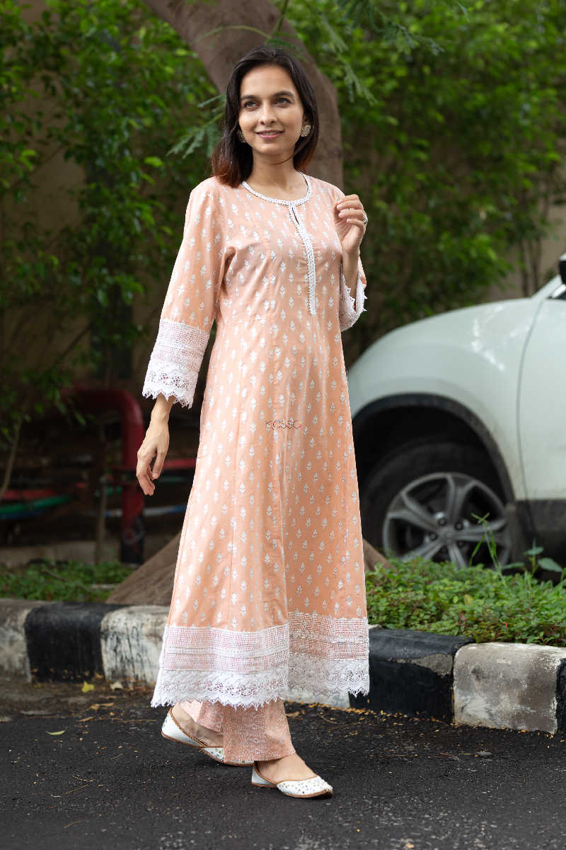 Image for Kusvaa Daf05a Tan Peach And White Kurta Pant Set Side