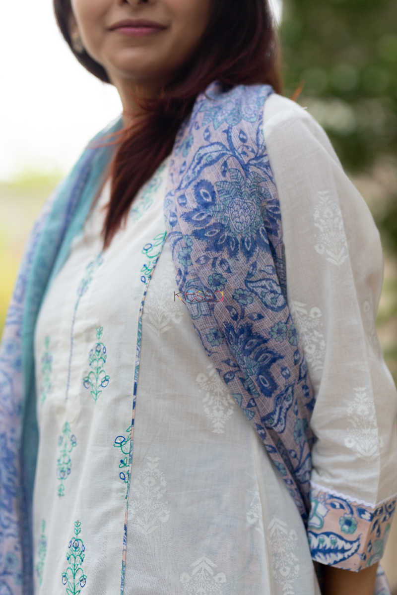 Image for Kusvaa Daf07 Cornflower Blue Full Set With Kota Doria Dupatta Closeup