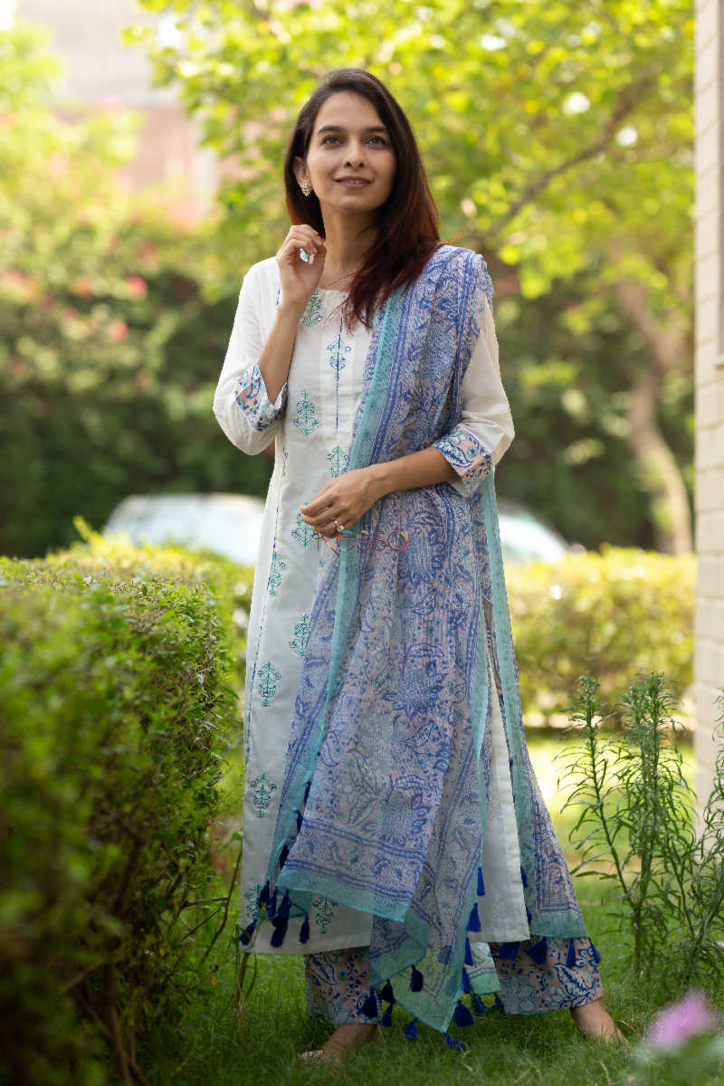 Image for Kusvaa Daf07 Cornflower Blue Full Set With Kota Doria Dupatta Featred