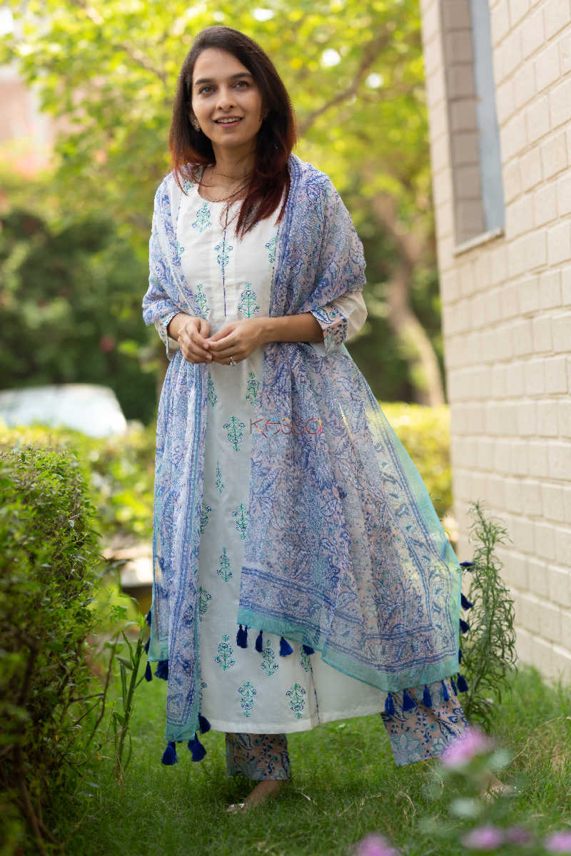Image for Kusvaa Daf07 Cornflower Blue Full Set With Kota Doria Dupatta Front