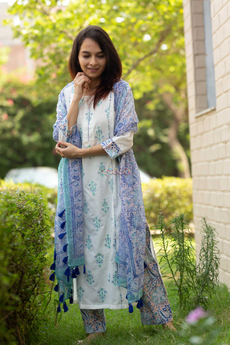 Image for Kusvaa Daf07 Cornflower Blue Full Set With Kota Doria Dupatta Look 1