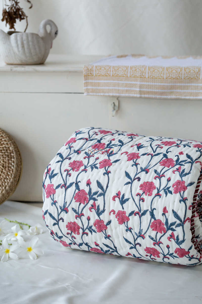 Image for Kusvaa Kaq10 Mulberry Blush Jaal Print Single Bed Quilt Featured