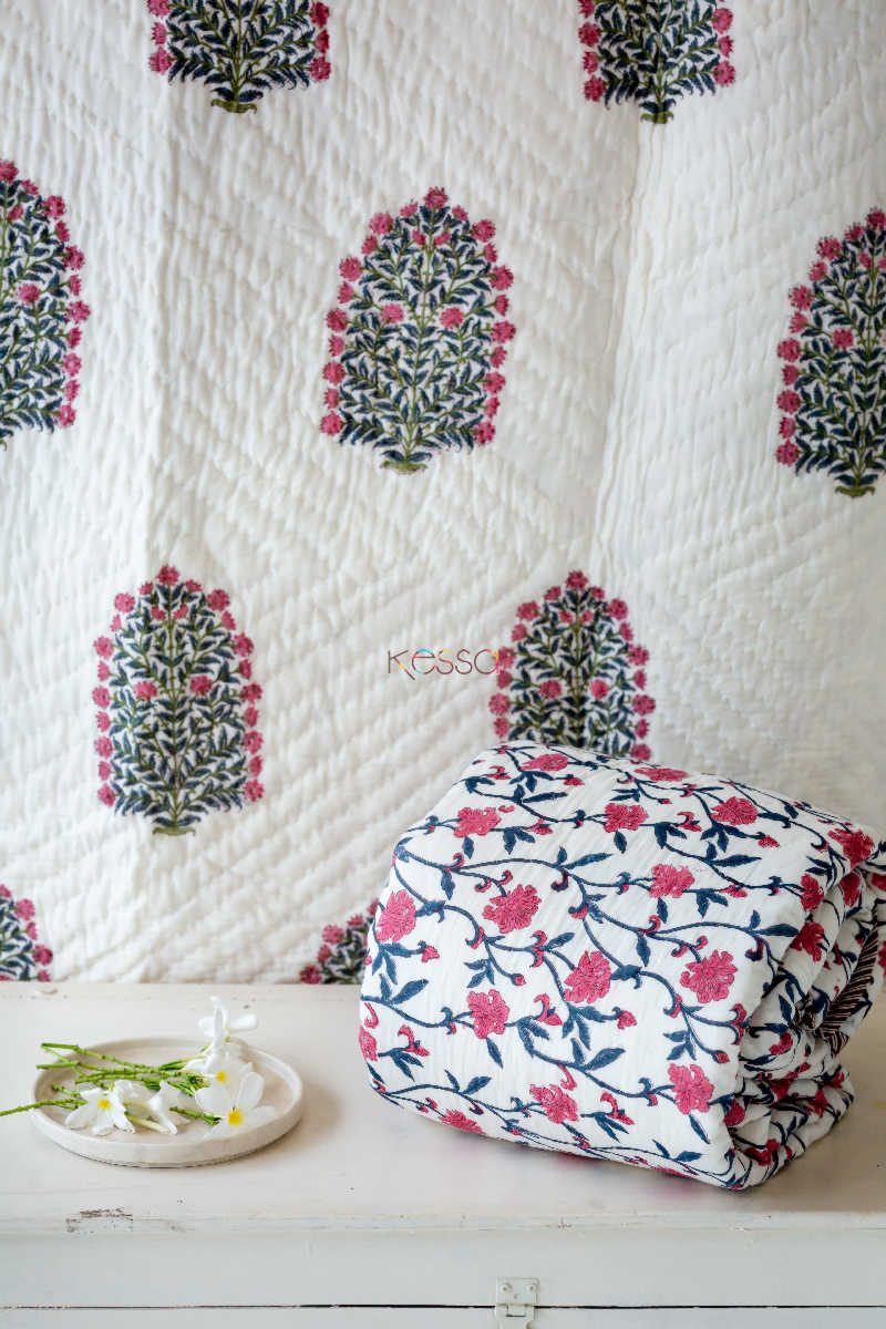 Image for Kusvaa Kaq10 Mulberry Blush Jaal Print Single Bed Quilt Look