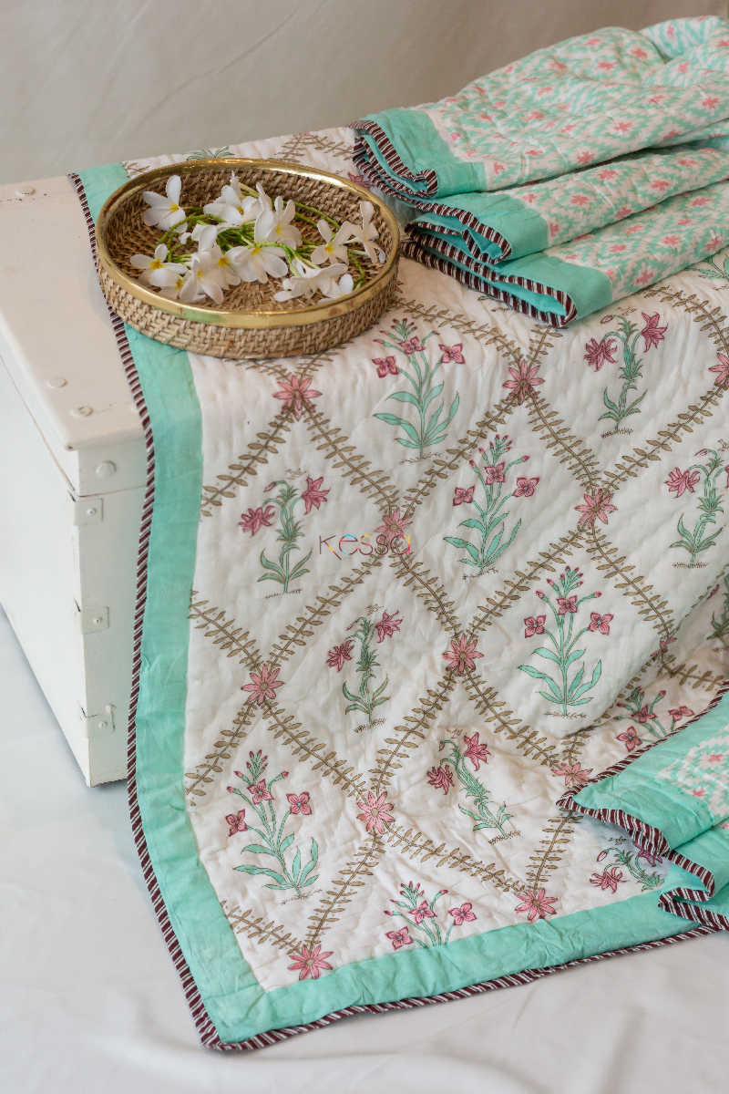 Image for Kusvaa Kaq15 Turquoise Mughal Print Double Bed Quilt Closeup